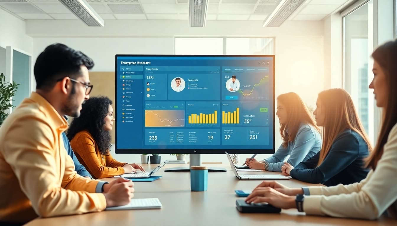 Team collaborating using enterprise assistant software, showcasing productivity and teamwork in a modern office.