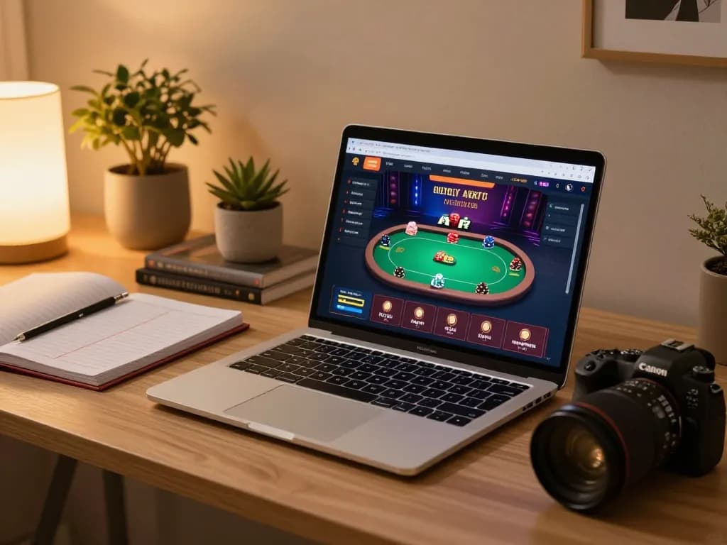 Engaging players at sunwin online casino navigating a poker game on their laptop in a cozy home setting.