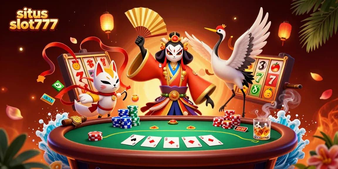 Jelajahi situs slot777 dengan pejuang kabuki dan simbol jackpot dalam ilustrasi 3D ceria.