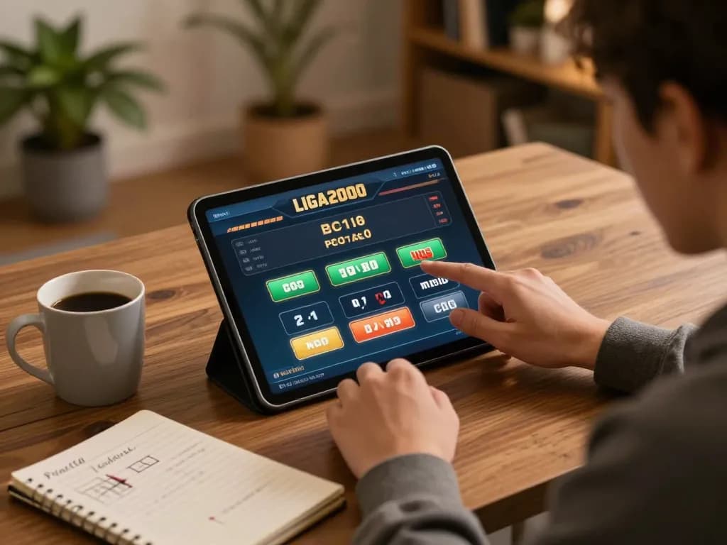LIGA2000 player's focused online gaming session with tablet, coffee, and strategy notes