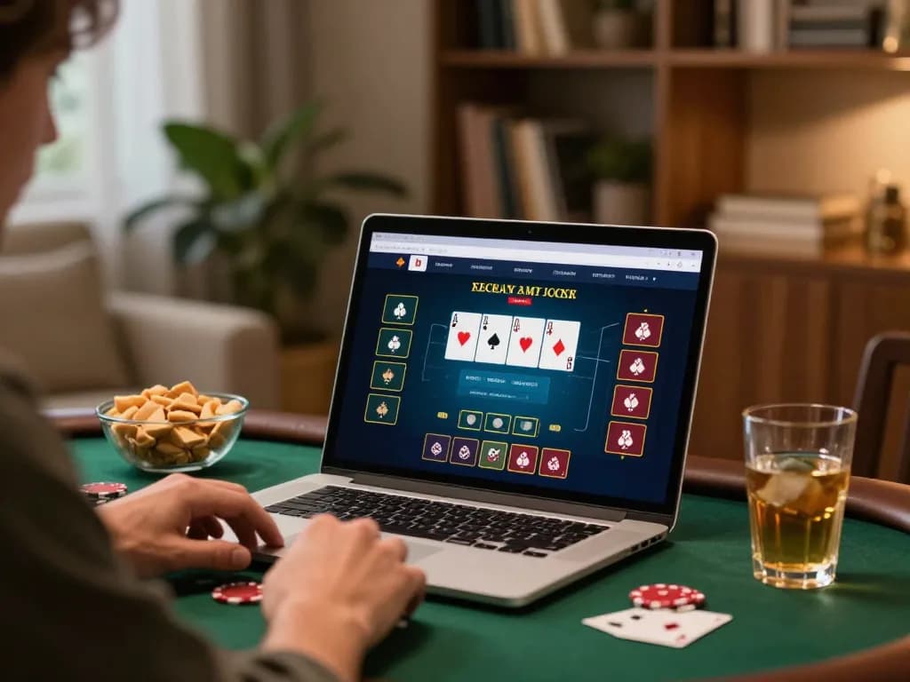 Engaged player using vipwin online casino for strategic poker gameplay in a cozy setting