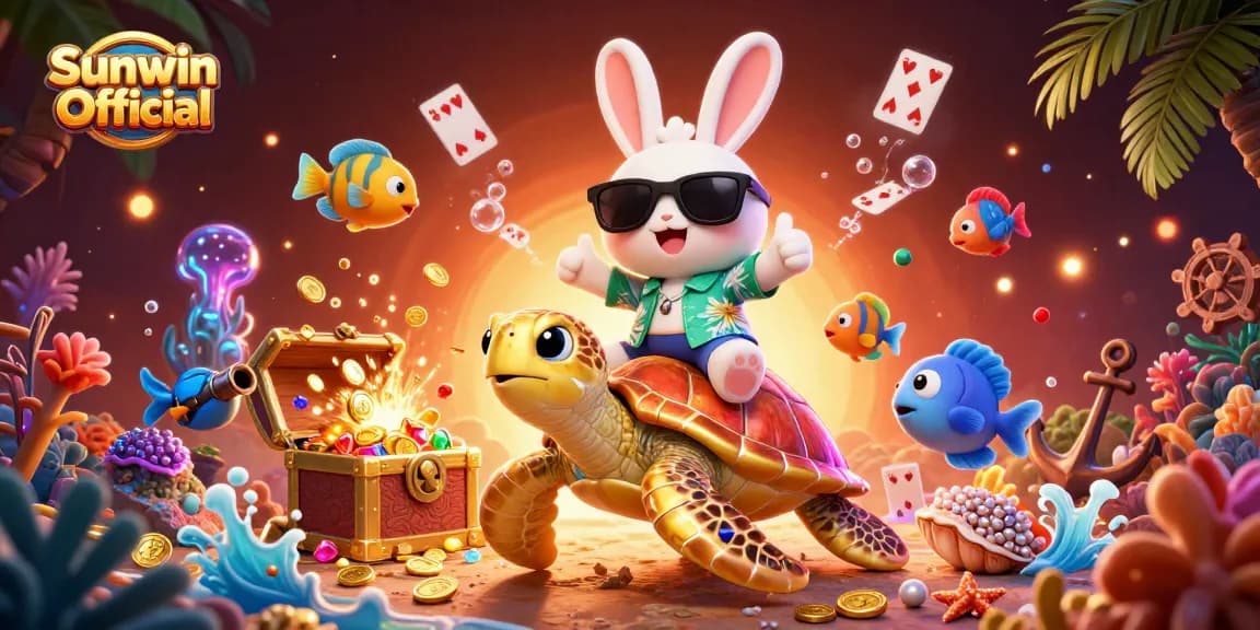 Experience thrilling gameplay at Sunwin Official, featuring a cartoon rabbit on a golden sea turtle amidst vibrant underwater treasures.
