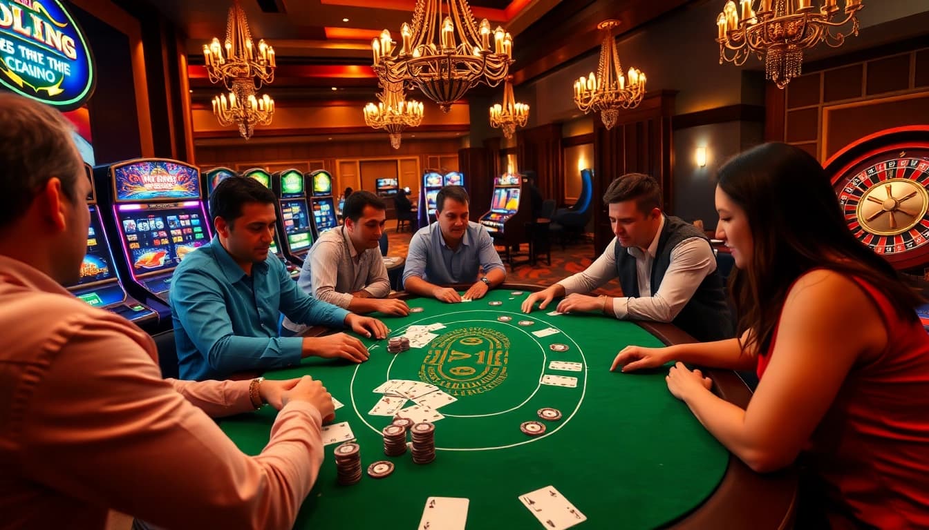 Rasakan sensasi IDN Poker dalam suasana mewah dengan pemain yang terlibat dan elemen kasino yang semarak.