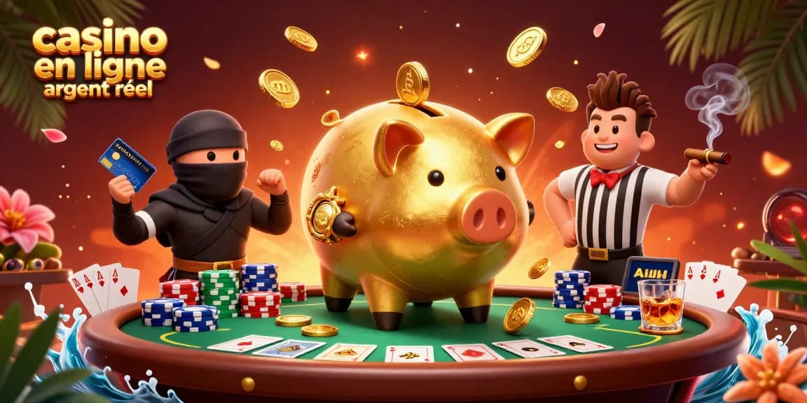 Jouez sur un casino en ligne argent réel avec une ambiance dynamique, des personnages colorés et des jetons éparpillés.