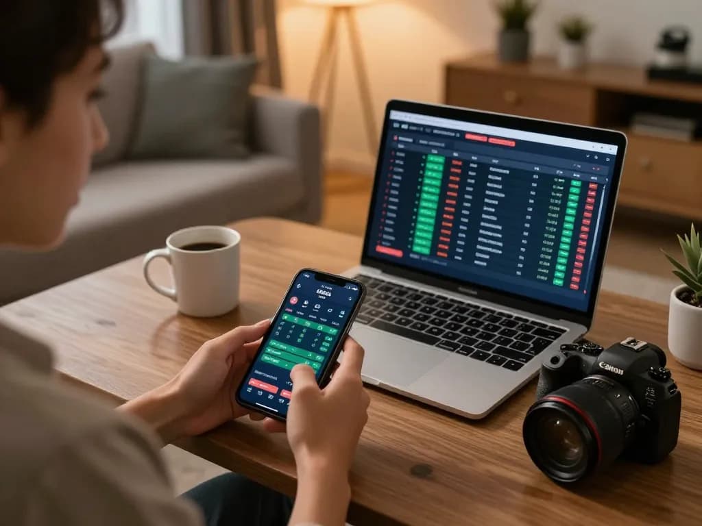 Engaged user reviewing betting odds on tylekeonhacai88 app during a sports event in a cozy environment