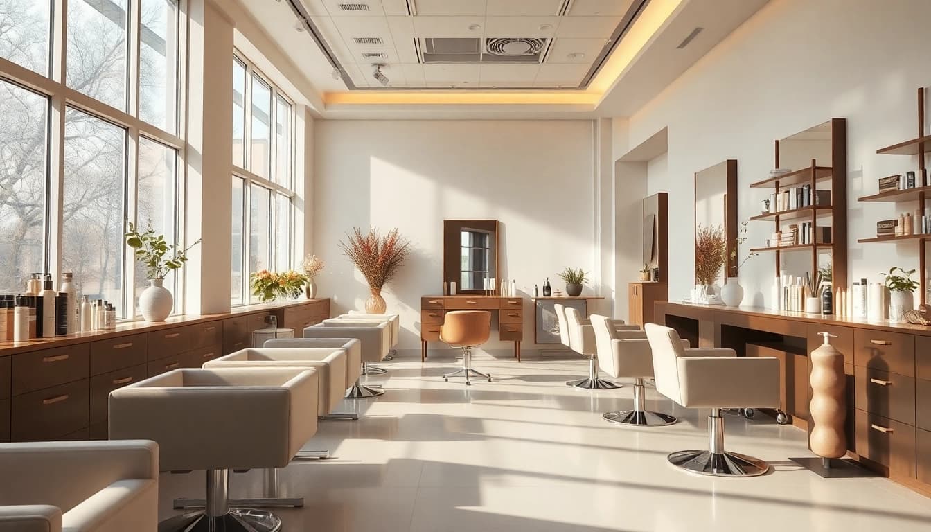 Salon Craiova modern, interior elegant cu lumina naturală și elemente de design rafinat.