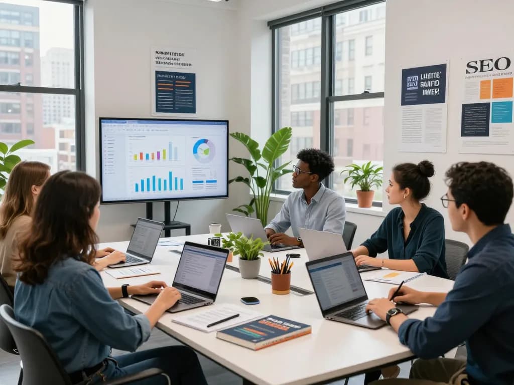 Best SEO Company NYC team collaborating in a modern office with analytics and marketing materials.