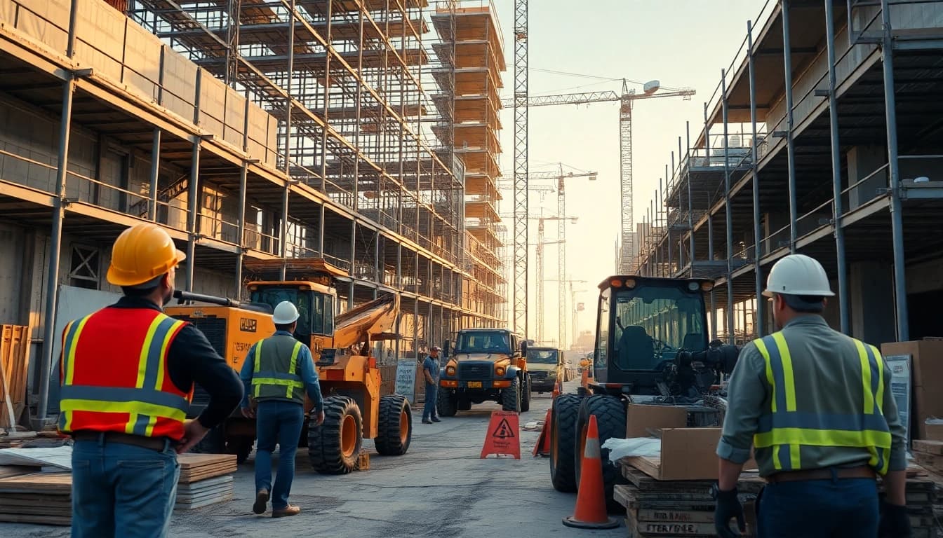 Demonstrating Austin construction at a busy site with workers and machinery in action.