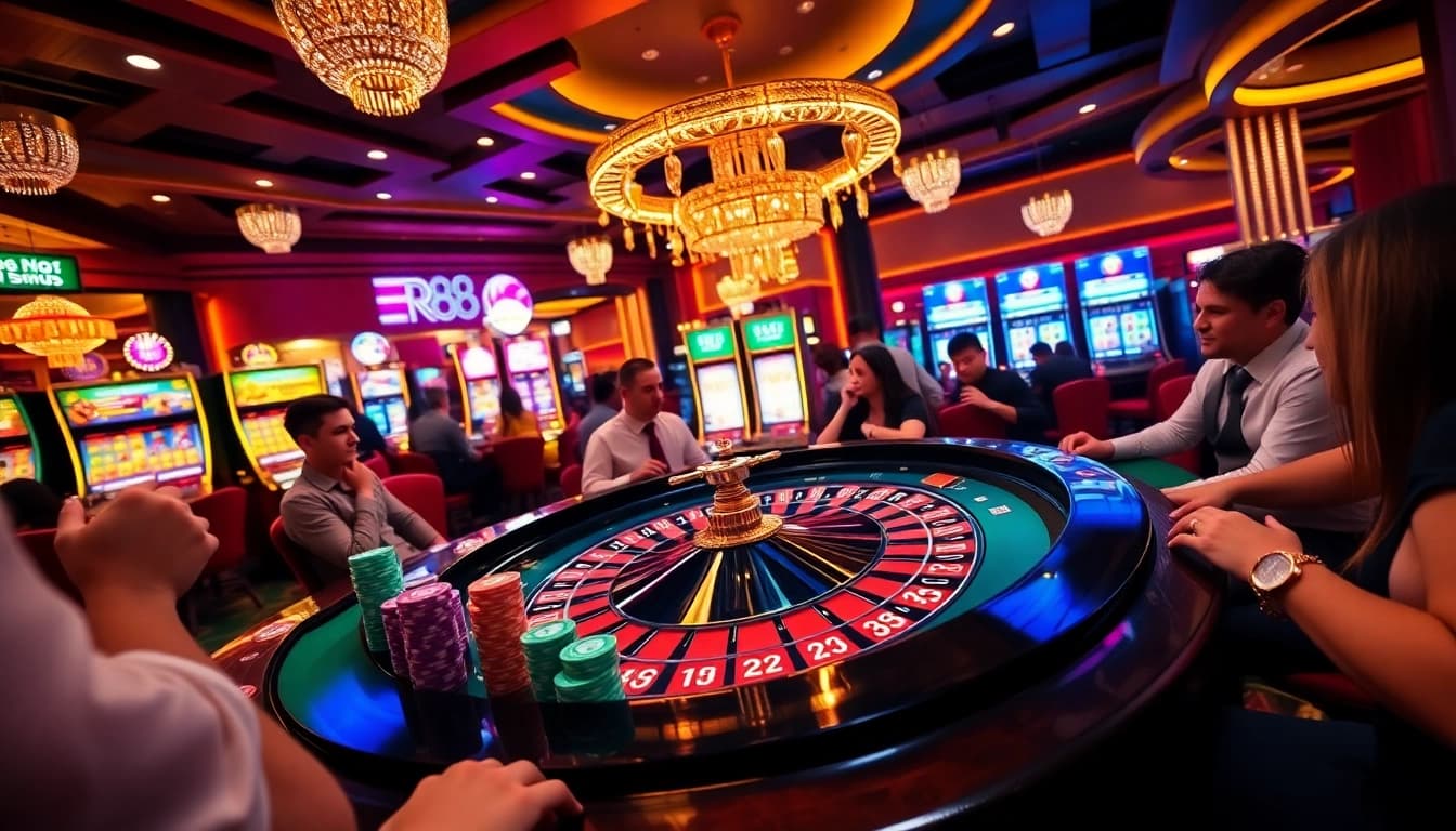 Exciting gambling at the RR88 casino featuring roulette and vibrant slot machines.