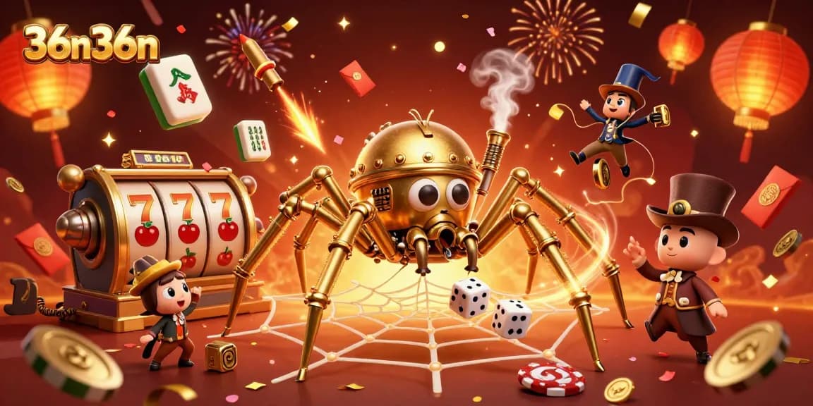 Engage with 36n36n's exciting 3D casino scene featuring intricate spider web and vibrant slot elements.