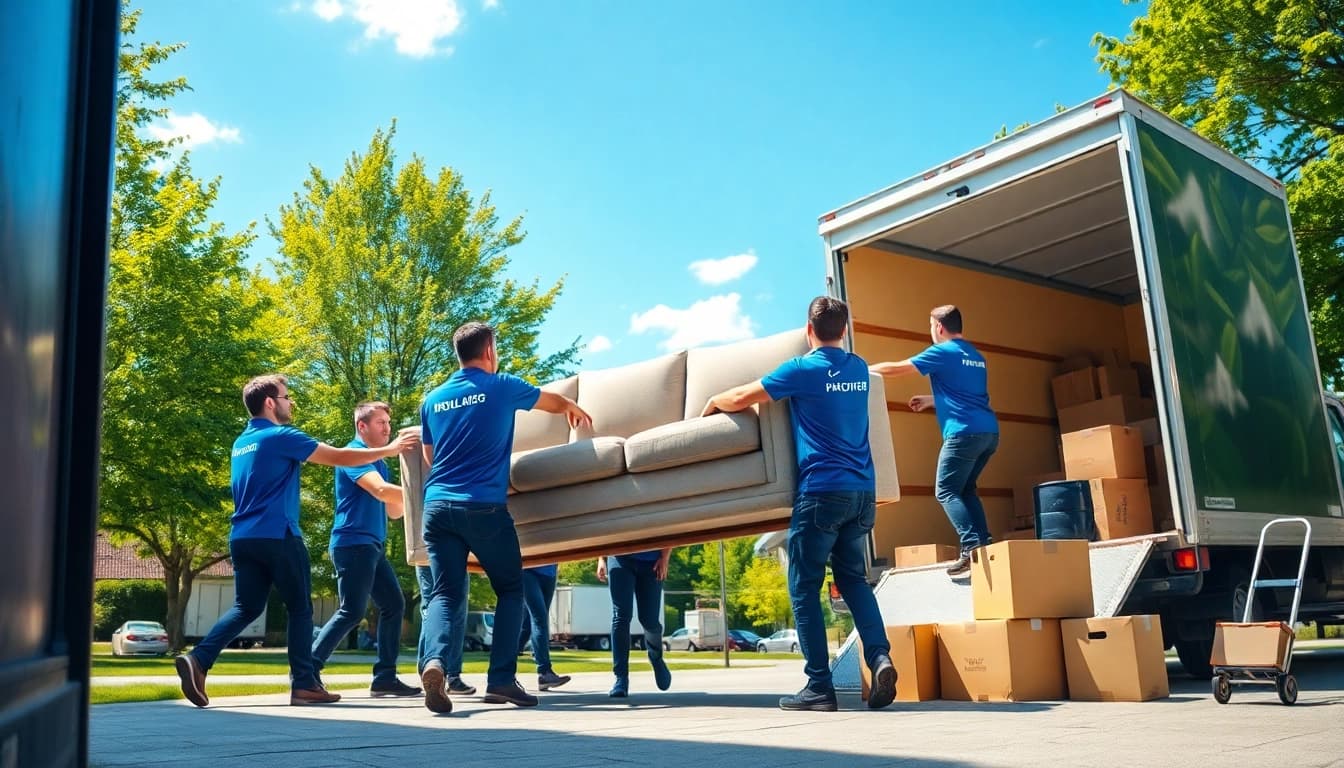 Toronto movers expertly lifting a couch during a relocation in a suburban setting.