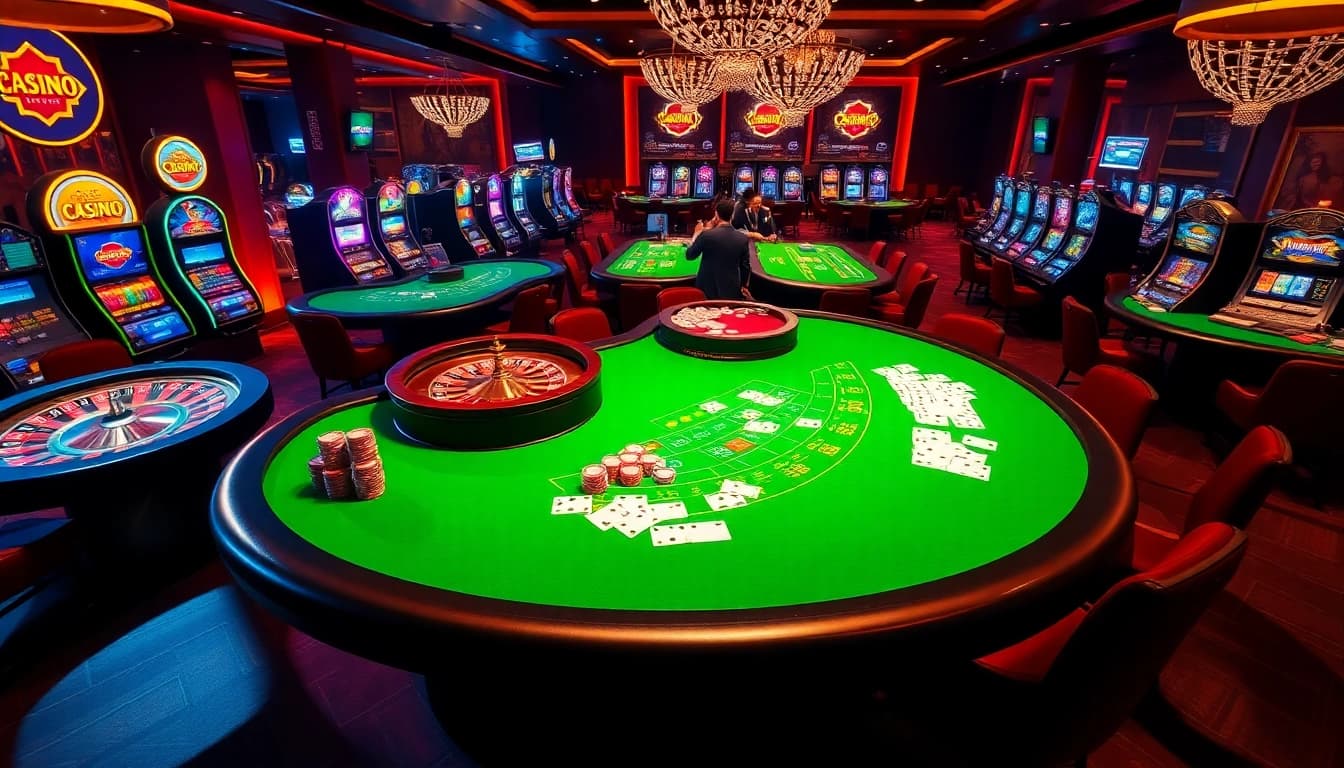 Jeu de casino captivant dans un endroit de luxe avec des jetons de poker et une roulette, mettant en avant le casino en ligne France.