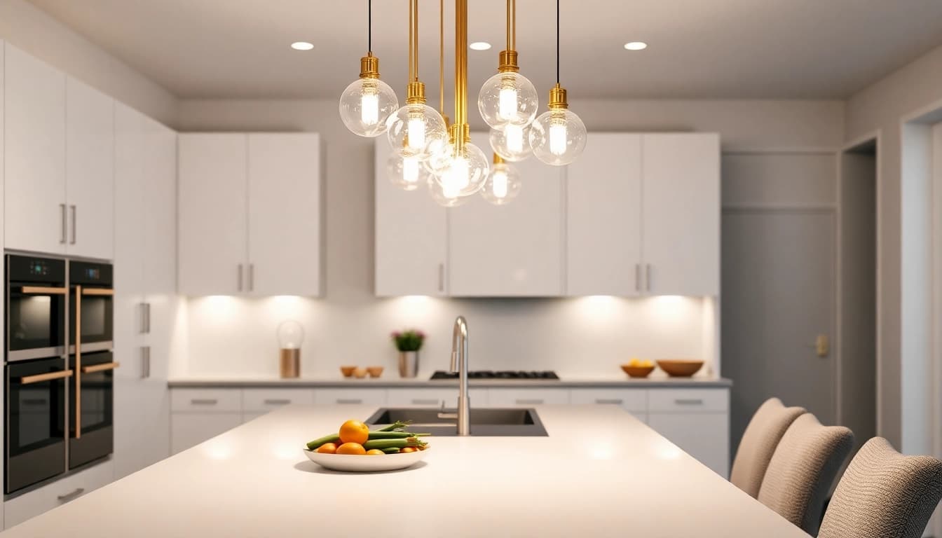 Bright island light fixture enhancing a modern kitchen with elegant design elements.