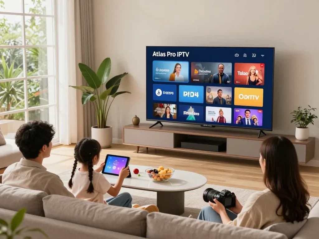 Une famille profitant d'Atlas Pro IPTV sur une Smart TV dans un salon confortable.