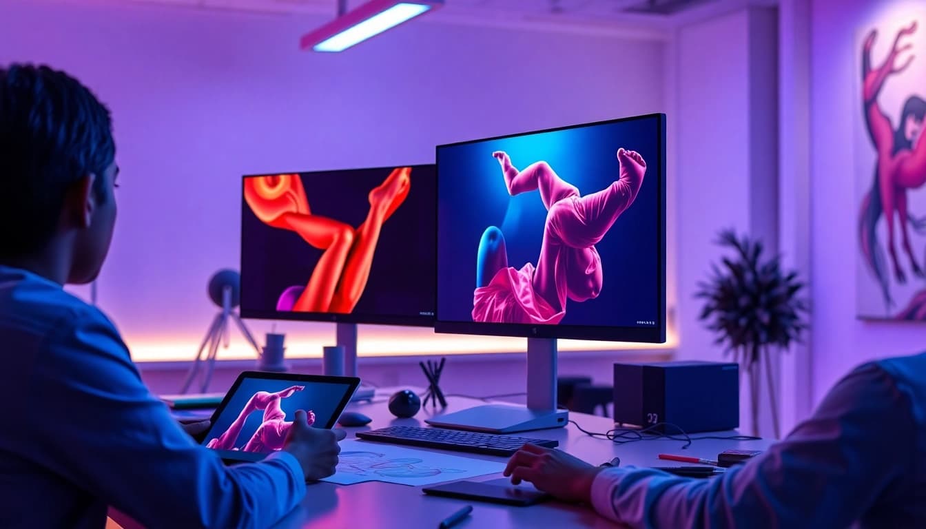 Professional designers creating NSFW AI images in a modern tech office.