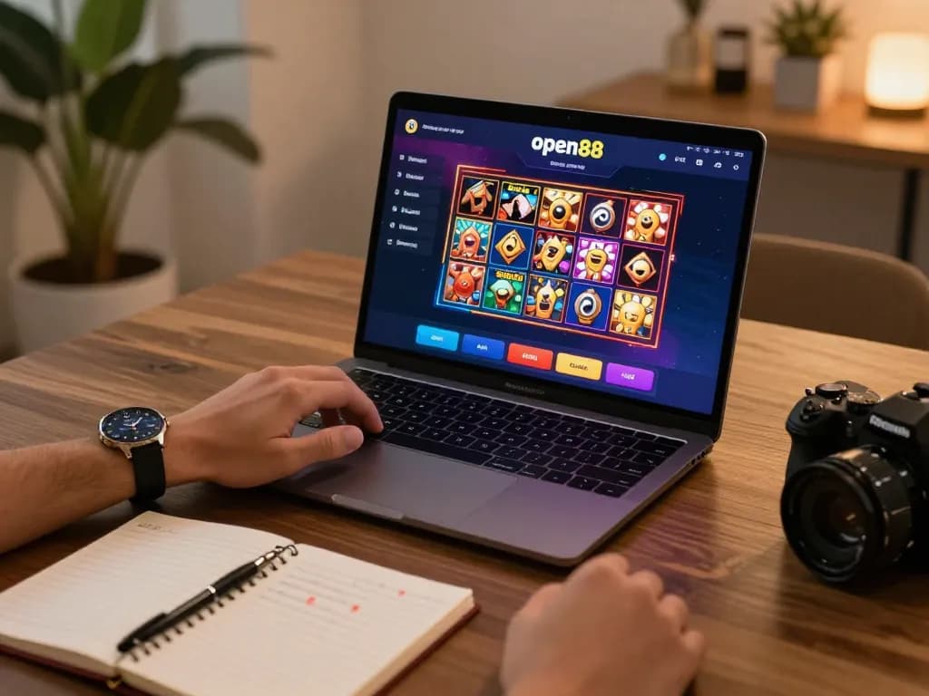 Engaging with open88 casino games on a laptop, highlighting strategic online gameplay.