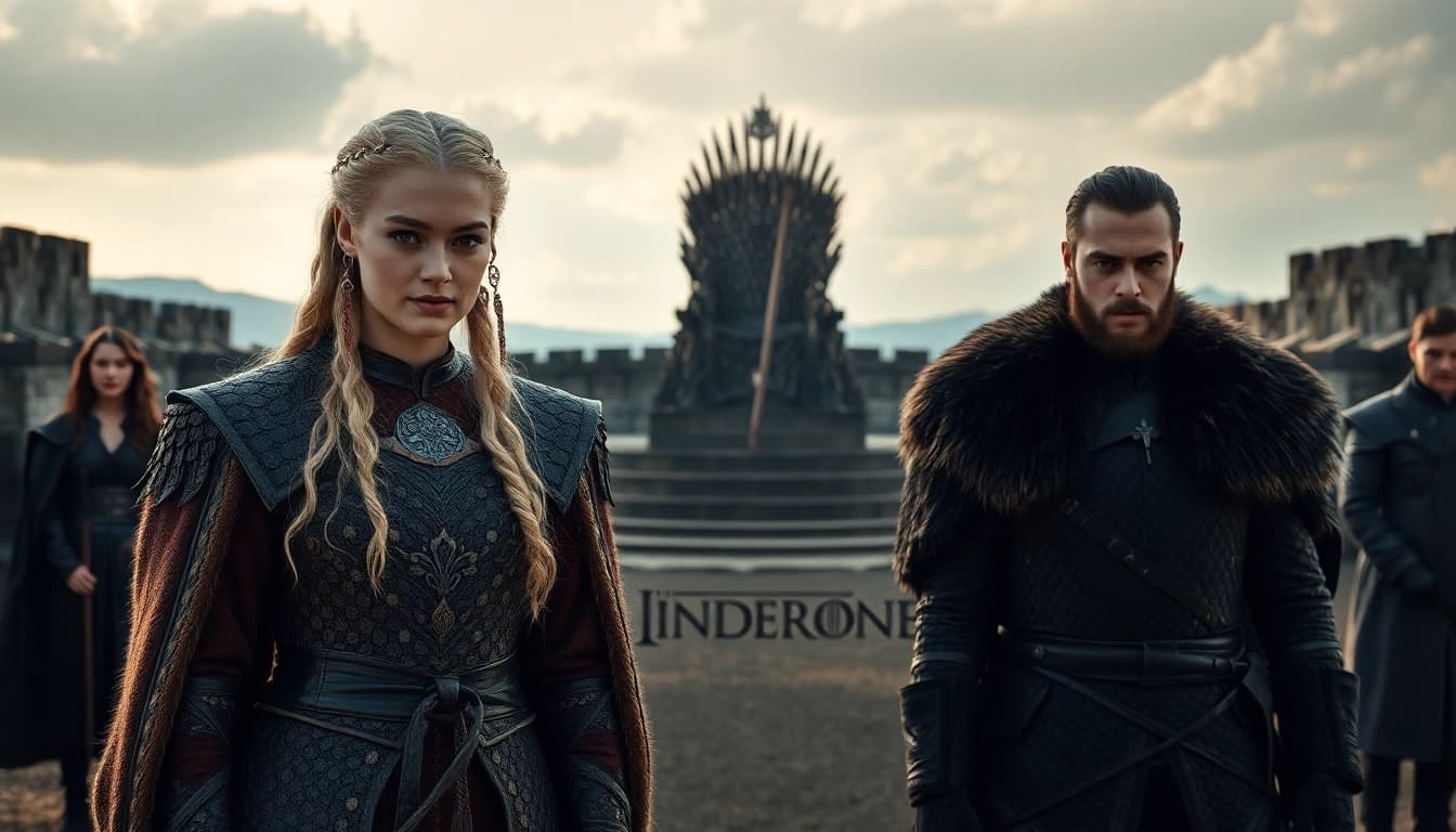 Iconic representation of the game of thrones cast in a dramatic fantasy landscape.