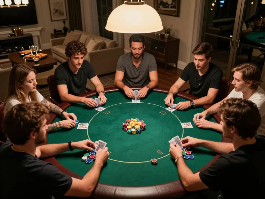 Friends enjoying a lively poker game at home, showcasing manclub atmosphere of competition and camaraderie.
