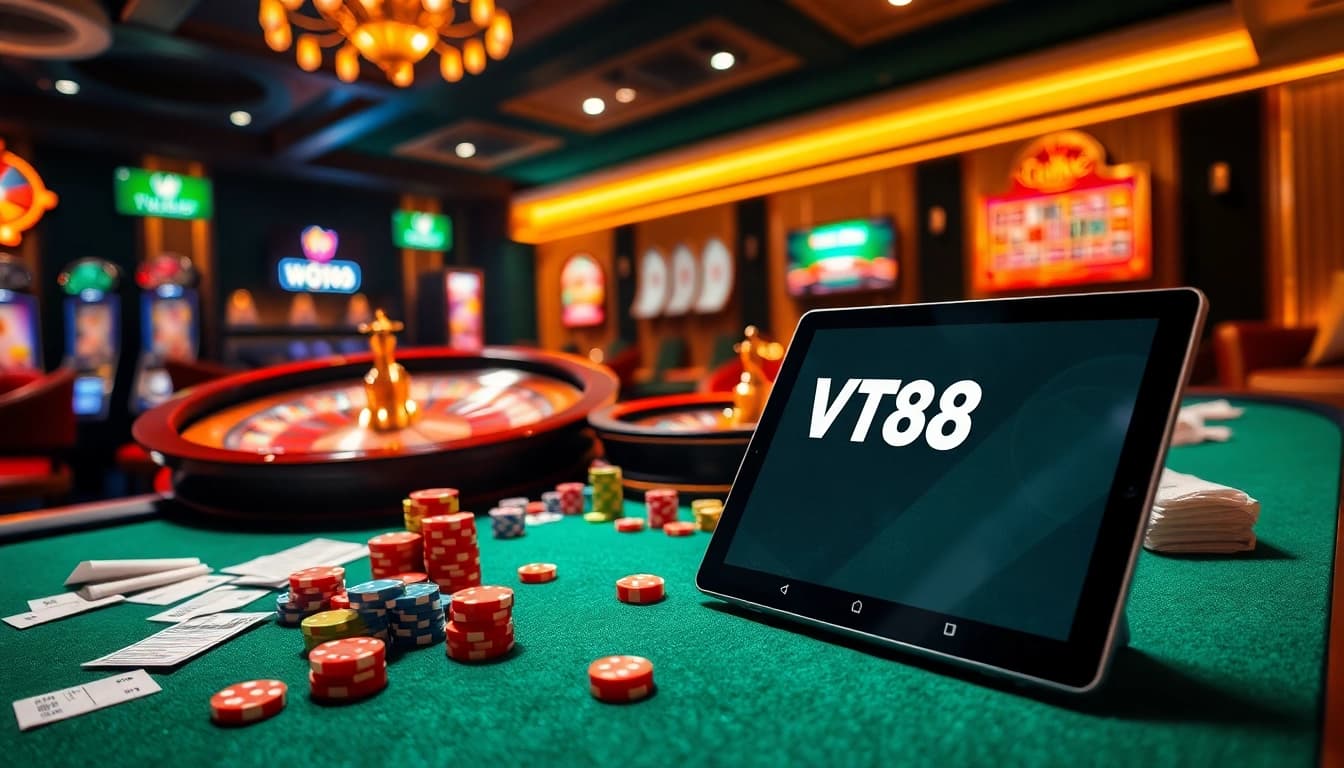 Experience the thrill of gaming at Vt88 nhà cái with vibrant casino elements like tables and slot machines.