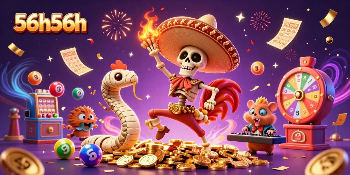 Viva o 56h56h com uma ilustração vibrante de personagens de cassino e bolas de loteria.