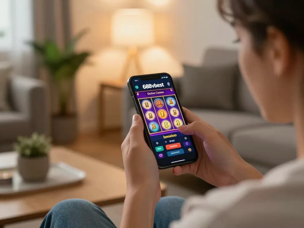 Playing on the 688vbest app with interactive slots interface in a cozy home setting.