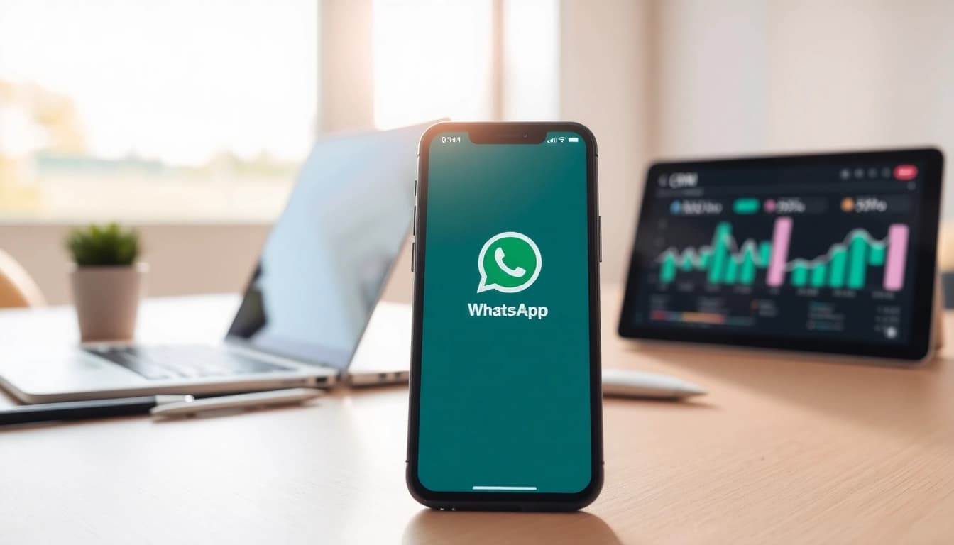 Engage with the WhatsApp Smart CRM interface displayed on a sleek smartphone in a modern workspace.