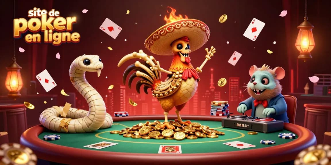 Scène vibrante d'excitation au poker avec un thème de site de poker en ligne mettant en avant des personnages et des éléments dynamiques.