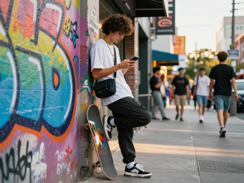 Adegan urban streetwear yang terinspirasi oleh Hotplay92 menampilkan budaya pemuda yang stylish di kota yang vibrant.