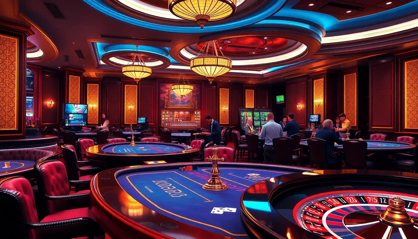 BK8TH vibrant casino scene showcasing exciting blackjack tables and roulette wheels.