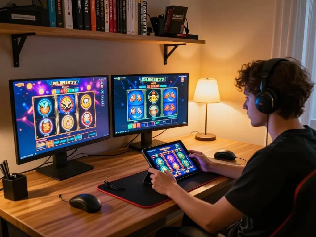 Engaging in alexis77 slot gameplay on a tablet amid a cozy home office setup.