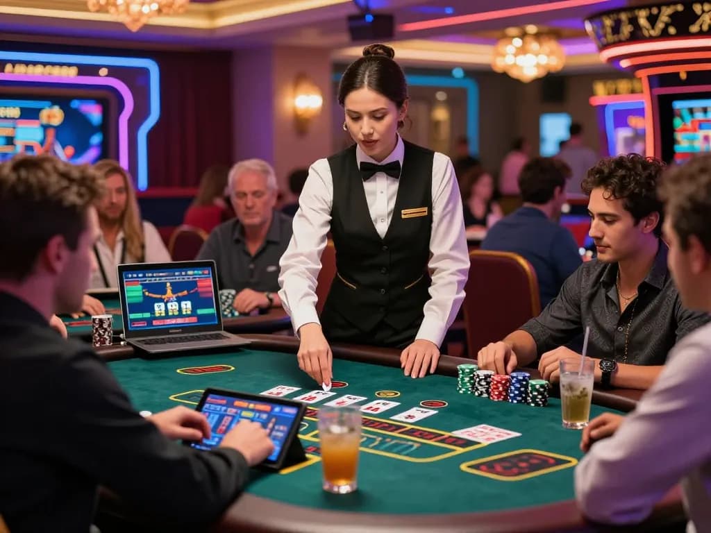 Engaging scene of diverse players enjoying 바카라사이트 at a virtual baccarat table with a stylish dealer, showcasing excitement and luxury in an online casino setting.