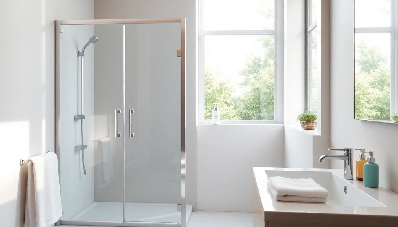 Showcase of sunney shower doors enhancing a modern bathroom with sleek glass and chrome features.