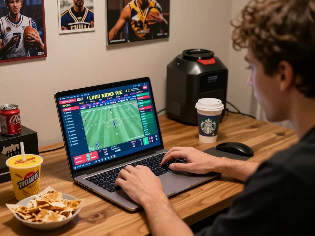 Engaging in live sports betting at bj886 with a laptop displaying real-time odds and lively match updates.