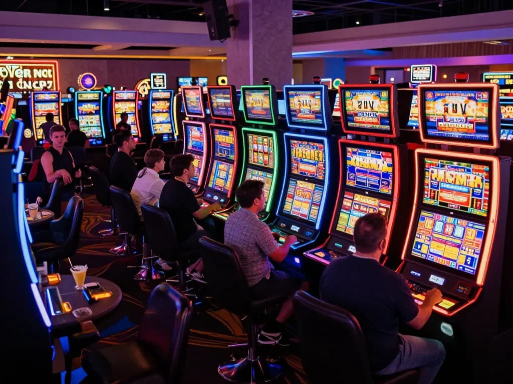 Players trying their luck at various link slot machines in an exciting Las Vegas casino.