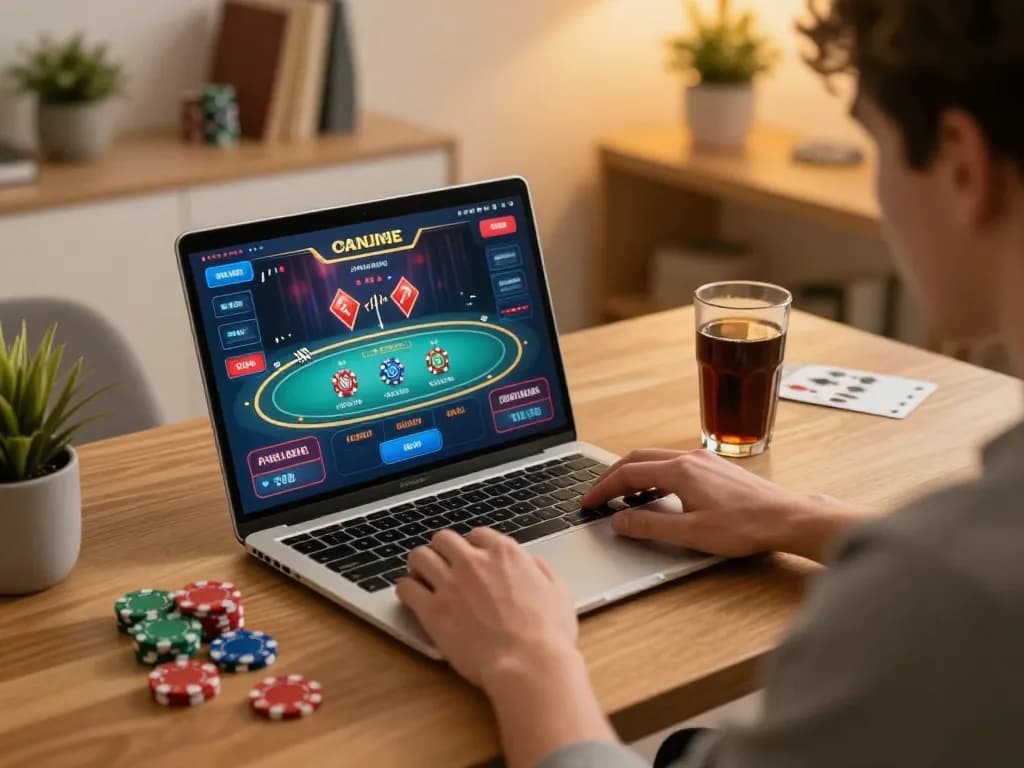 Player strategizing on casinò online europei from a cozy home desk with laptop and poker chips.