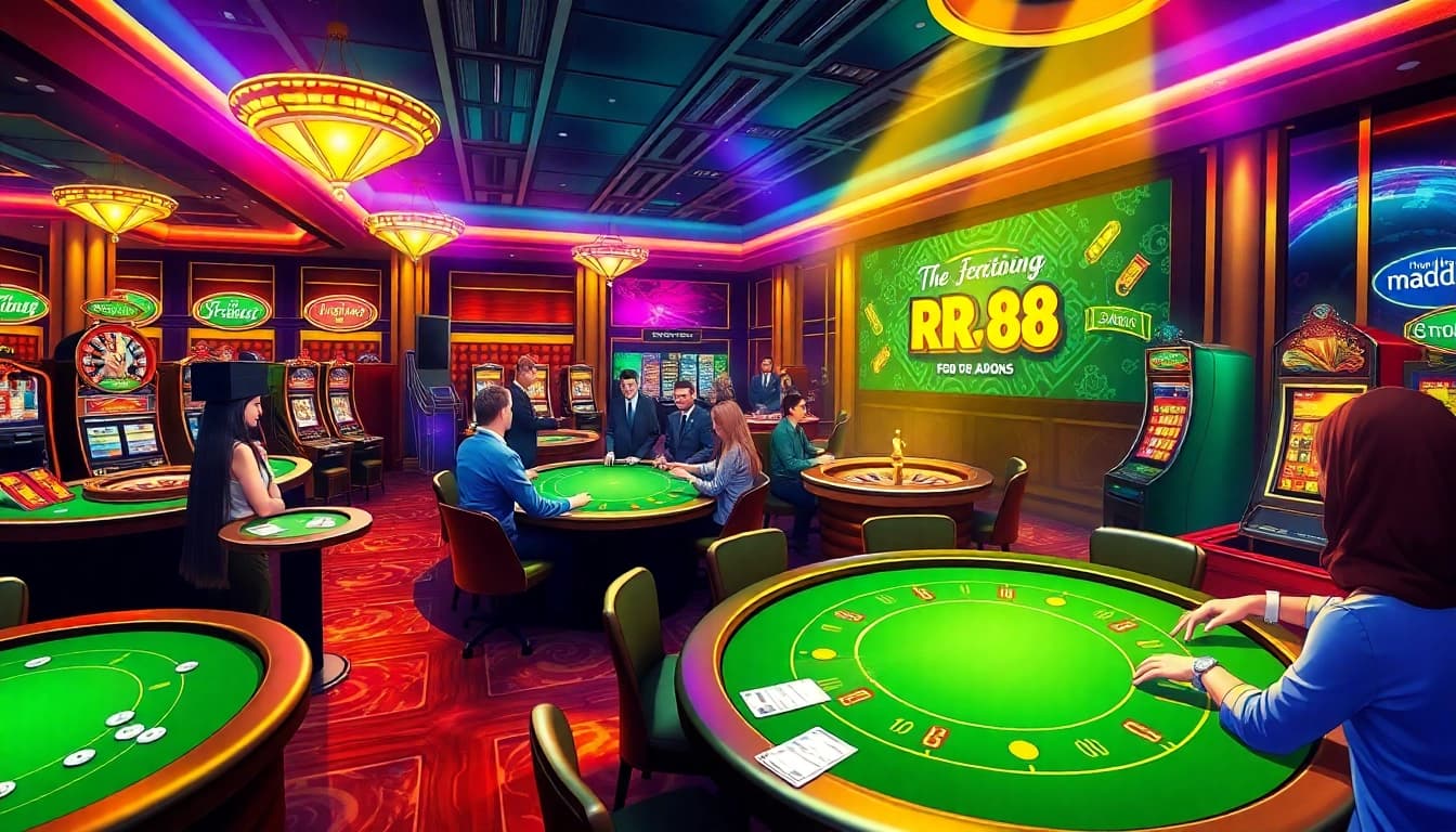 RR88 casino scene showcasing vibrant gaming tables and excited players winning big.