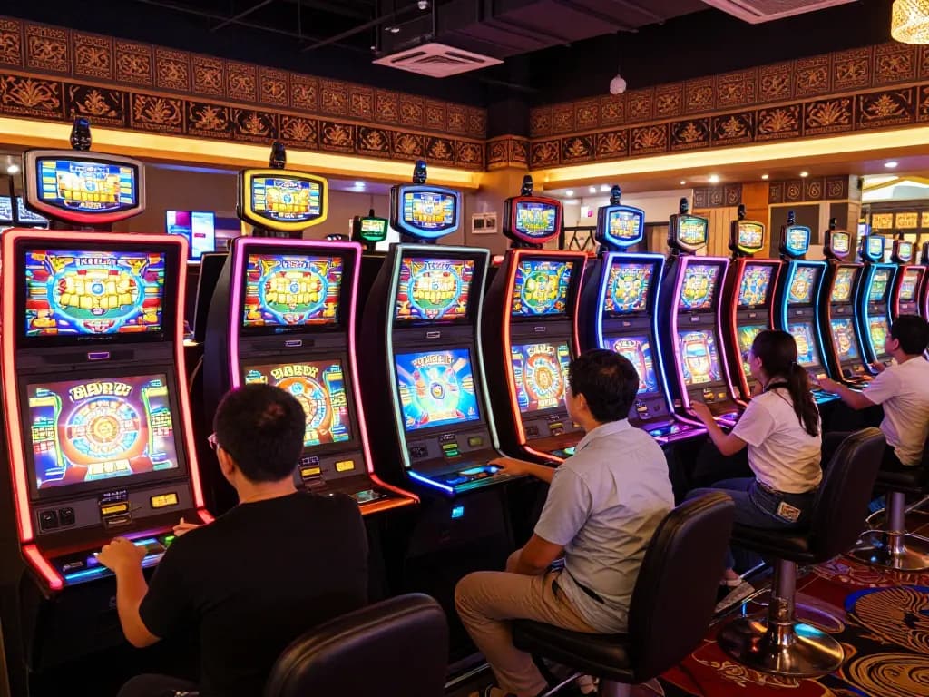 Engaging players at slot thailand machines, showcasing vibrant gameplay and excitement in a festive casino atmosphere.