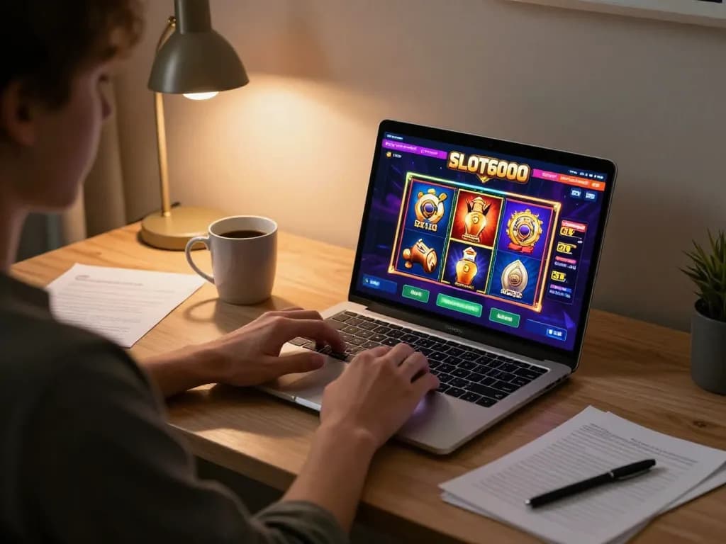 SLOT6000 engaging gameplay on a laptop in a cozy home setting for strategic online gambling