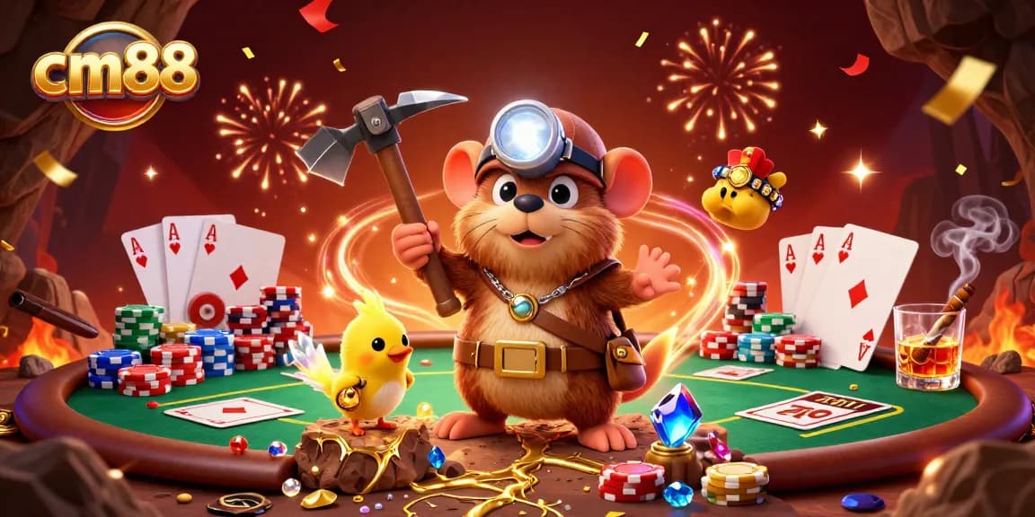 Experience thrilling casino gaming with cm88 as a treasure hunter mole discovers golden deposits, surrounded by poker excitement.