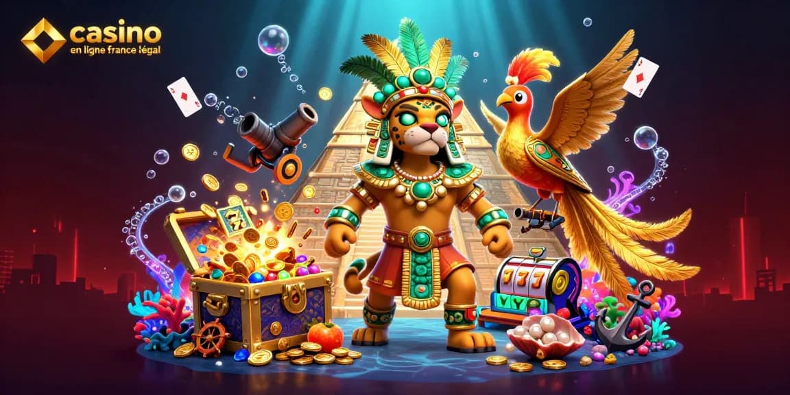 Nous explorons le casino en ligne France légal avec cette scène vivante remplie de jeux et d'éléments fascinants.