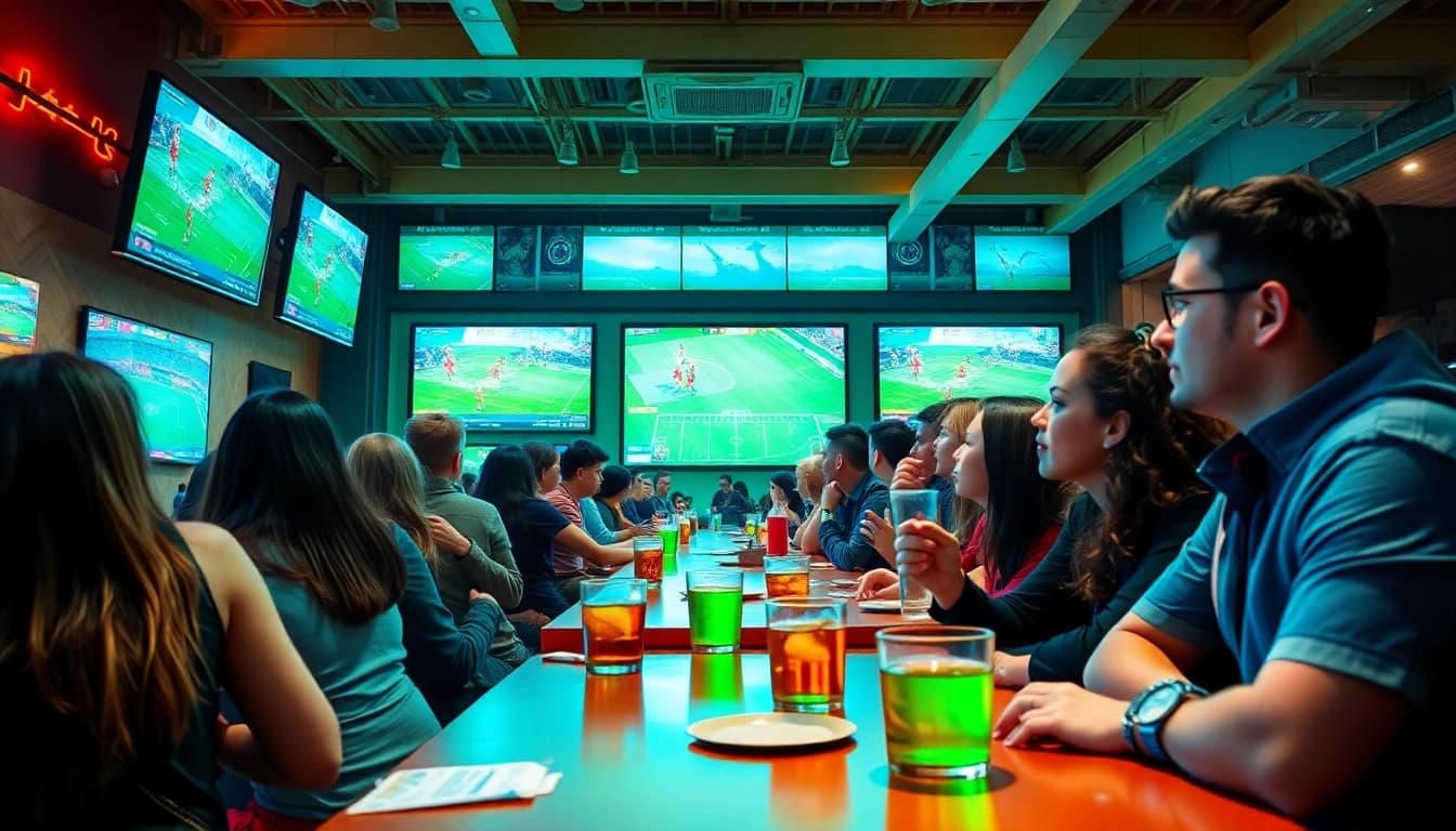 Vibrant sports betting scene showcasing 토토스토리's engaging fan experience with modern screens and enthusiastic patrons.