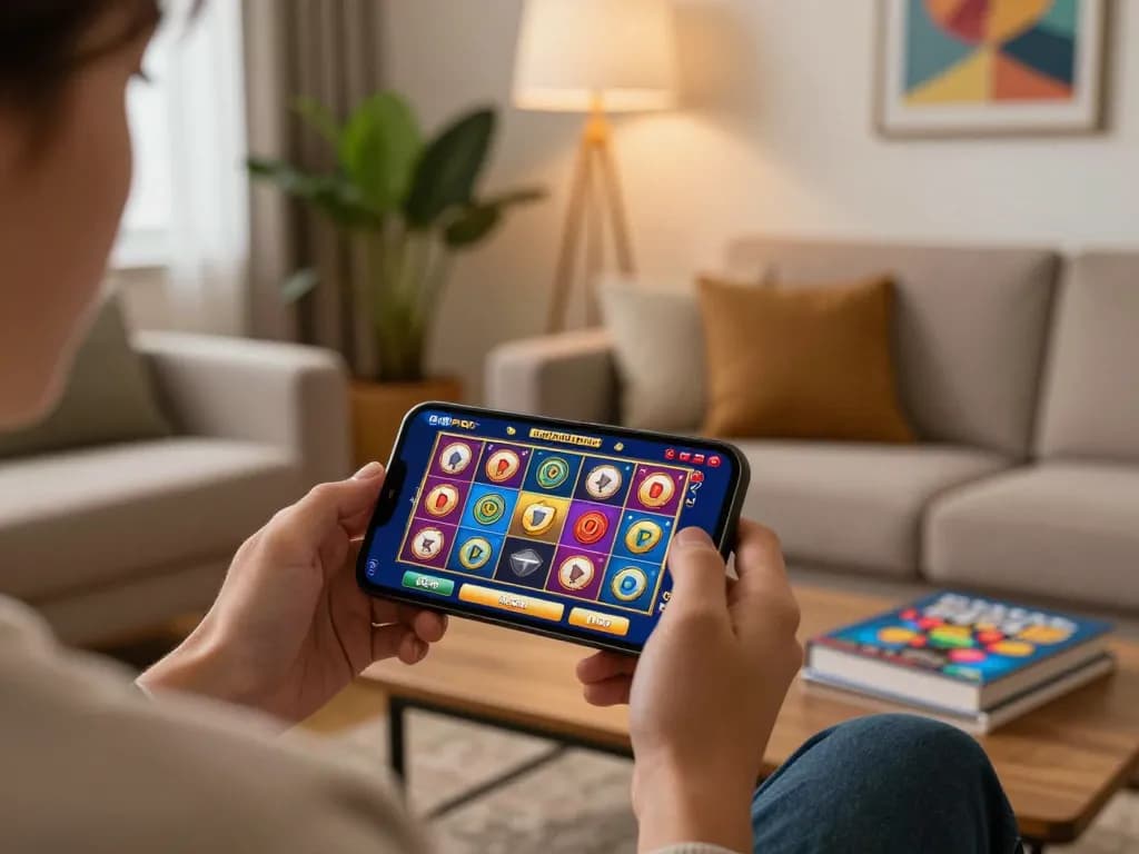 Player using a mobile casino app for situs slot gaming in a cozy living room.