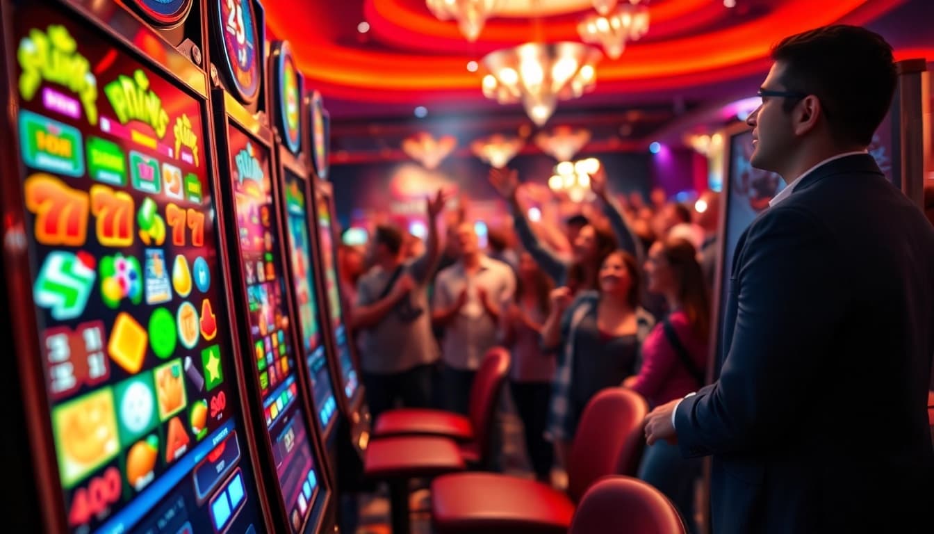 Bermain slot gacor hari ini dengan kegembiraan, mesin slot berwarna-warni menyala, menarik penjudi.