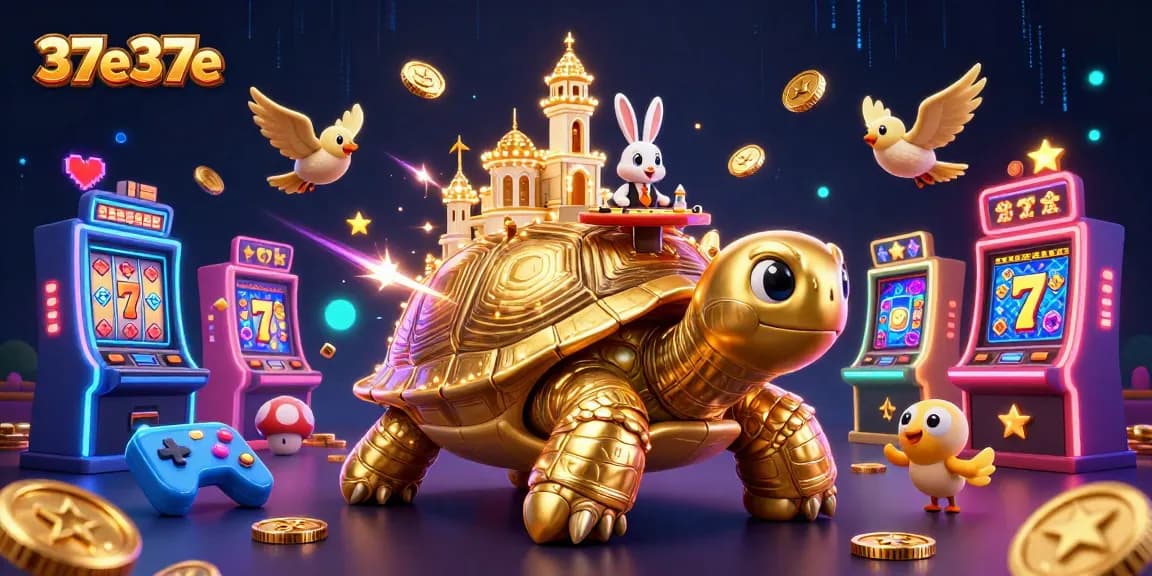 Experience excitement at 37e37e with a vibrant 3D tortoise casino scene filled with gold coins.