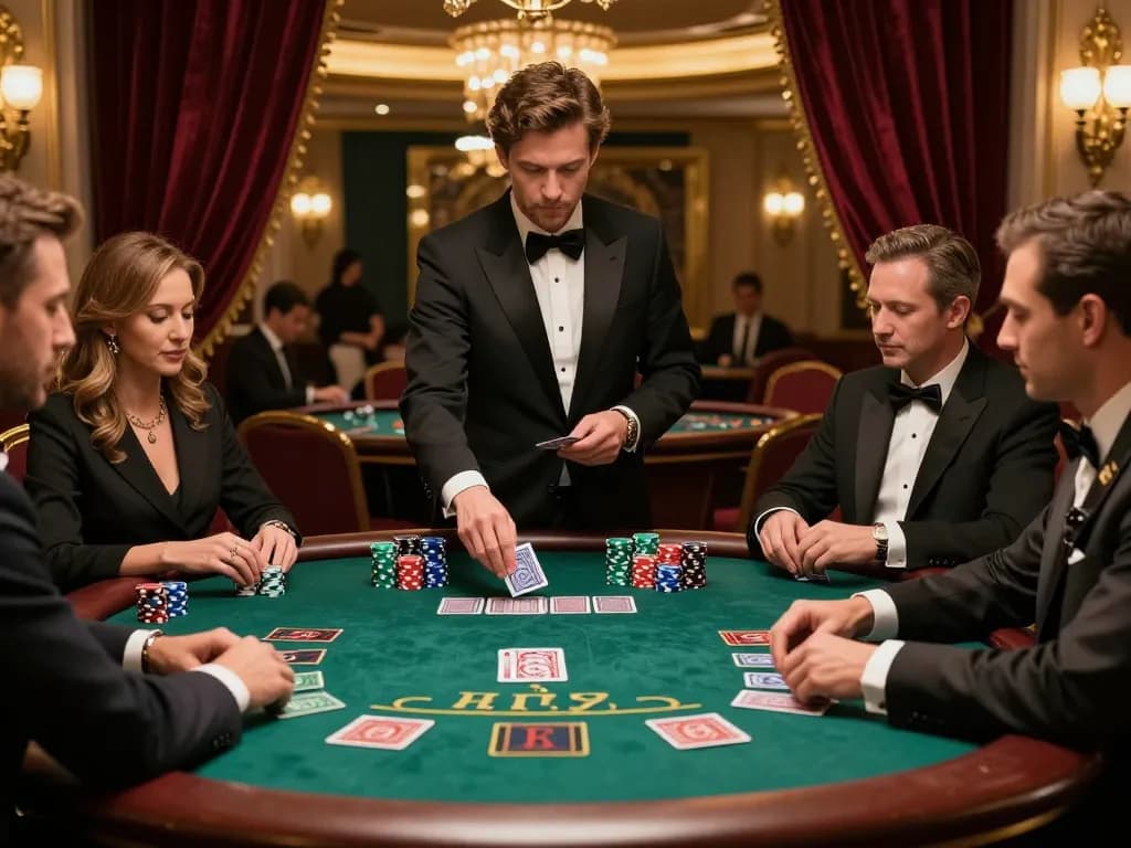 Players engaging in strategic blackjack gameplay at cm88-t1 luxury casino table, vibrant chips in focus.