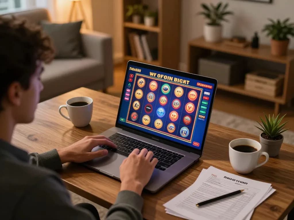 Engaging scene of a player enjoying paris888 online slot game from a cozy home setup, emphasizing responsible gambling.