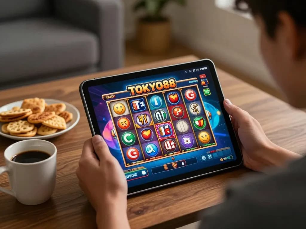 Pemain TOKYO88 terlibat dalam permainan slot online di tablet, menunjukkan potensi kemenangan.