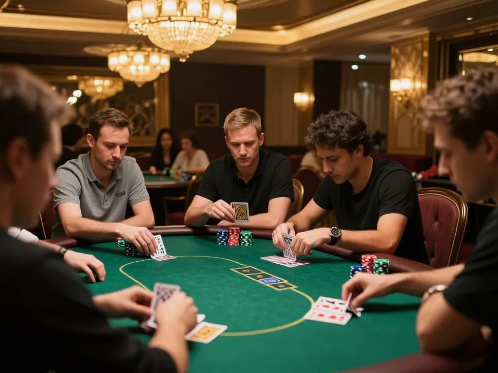 Engaging poker scene at okwin casino, players strategizing bets around a green felt table.