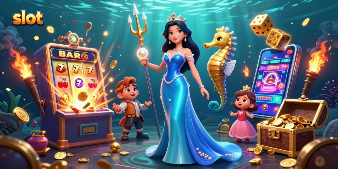 Engage in slot gaming with a vibrant underwater scene filled with treasure and lucky symbols.