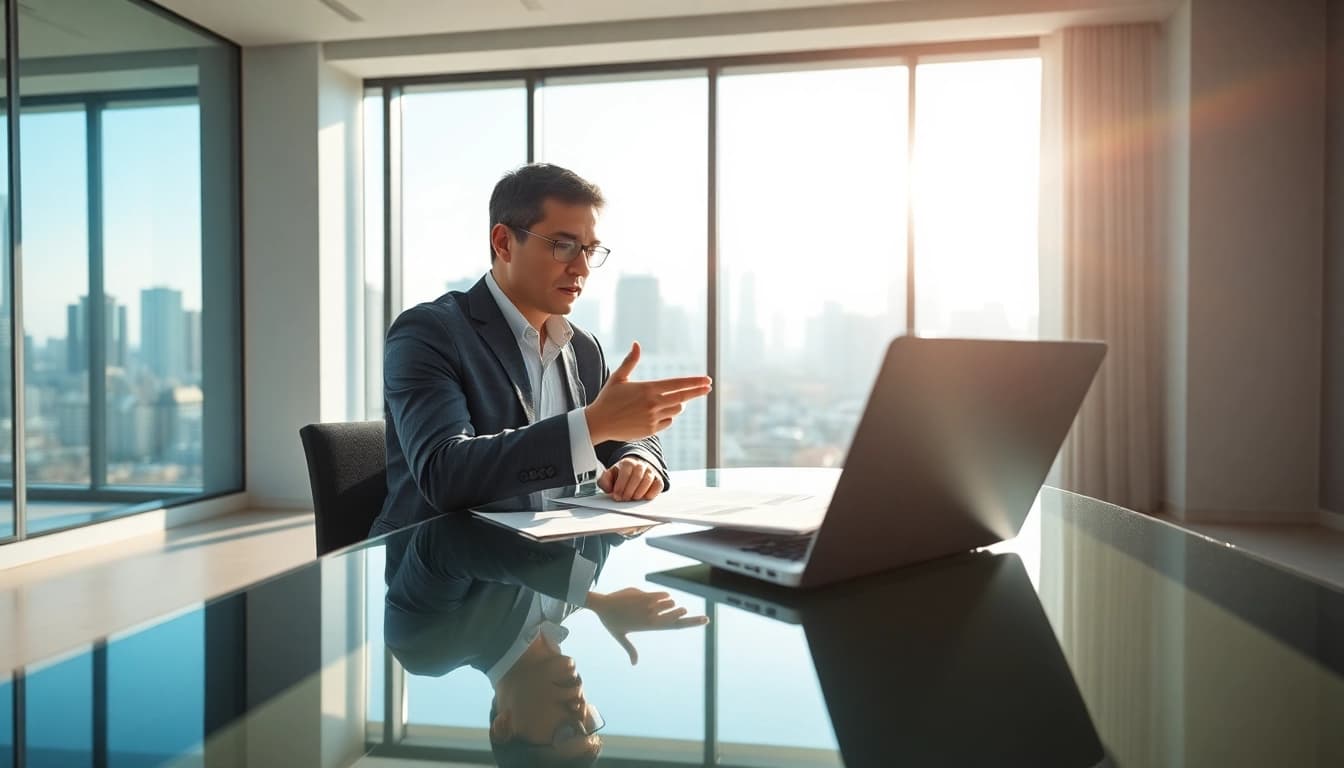 Engaging real estate agent discussing property options in a vibrant office setting.